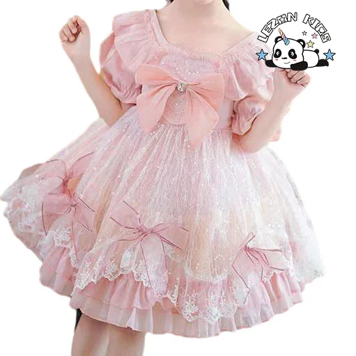 LEZONKIDS - Customizable Wholesale New Innovations Latest Design pink Bows Bottom Lace Sequined  Girls Dresses for Party
